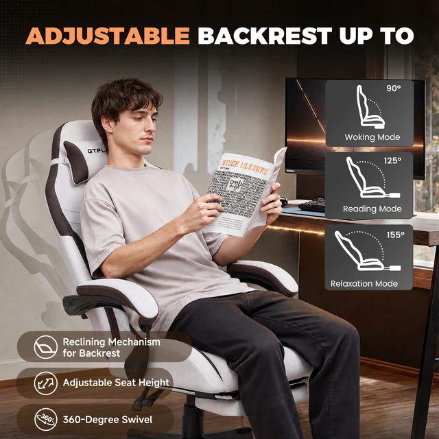 Alt view image 2 of 7 - Gaming Chair with Footrest, Big and Tall Video Game Chairs with Lumbar Support, Computer Chair for Adults with Extended Backrest, Ergonomic Reclining Silla Gamer, Fabric Brown