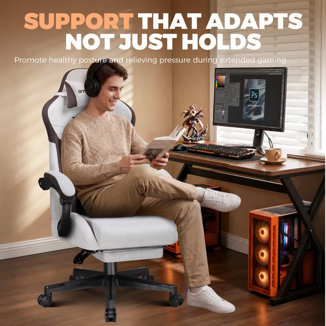 Alt view image 5 of 7 - Gaming Chair with Footrest, Big and Tall Video Game Chairs with Lumbar Support, Computer Chair for Adults with Extended Backrest, Ergonomic Reclining Silla Gamer, Fabric Brown