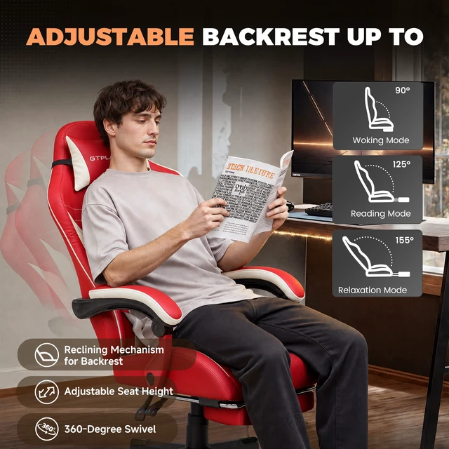Alt view image 2 of 7 - Gaming Chair with Footrest, Big and Tall Video Game Chairs with Lumbar Support, Computer Chair for Adults with Extended Backrest, Ergonomic Reclining Silla Gamer, Fabric Red