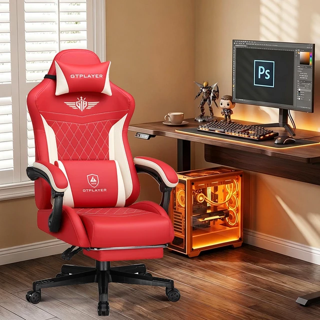 Main image of Gaming Chair with Footrest, Big and Tall Video Game Chairs with Lumbar Support, Computer Chair for Adults with Extended Backrest, Ergonomic Reclining Silla Gamer, Fabric Red