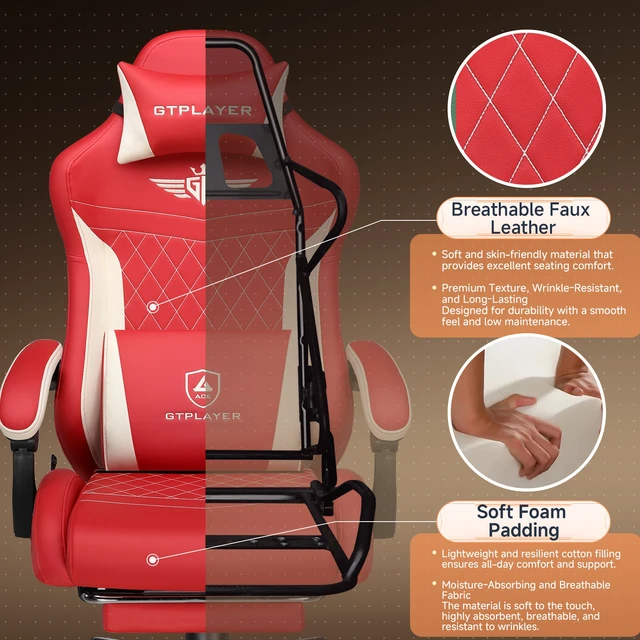 Alt view image 6 of 7 - Gaming Chair with Footrest, Big and Tall Video Game Chairs with Lumbar Support, Computer Chair for Adults with Extended Backrest, Ergonomic Reclining Silla Gamer, Fabric Red