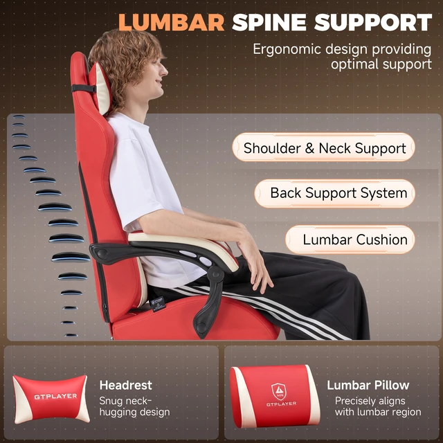 Alt view image 7 of 7 - Gaming Chair with Footrest, Big and Tall Video Game Chairs with Lumbar Support, Computer Chair for Adults with Extended Backrest, Ergonomic Reclining Silla Gamer, Fabric Red