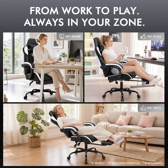 Alt view image 3 of 7 - Gaming Chair with Footrest, High Back Computer Chairs for Adults with Linkage Armrest Lumbar Support Heavy Duty 350lbs Ergonomic Swivel PC Game Chair for Office