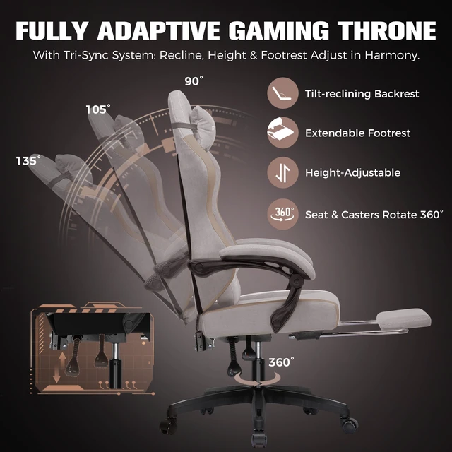 Alt view image 3 of 6 - Gaming Chair, Ergonomic Computer Chair with Footrest and Lumbar Support, High Back Recliner Chair 350lbs, Height Adjustable for Home Office Light Brown