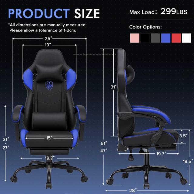 Alt view image 6 of 7 - Gaming Chair with Footrest, High Back Computer Chairs for Adults with Linkage Armrest Lumbar Support Heavy Duty 350lbs Ergonomic Swivel PC Game Chair for Office Blue