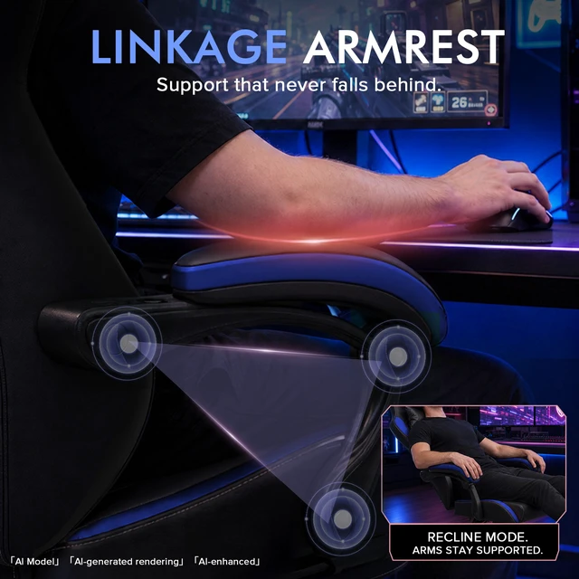 Alt view image 4 of 7 - Gaming Chair with Footrest, High Back Computer Chairs for Adults with Linkage Armrest Lumbar Support Heavy Duty 350lbs Ergonomic Swivel PC Game Chair for Office Blue