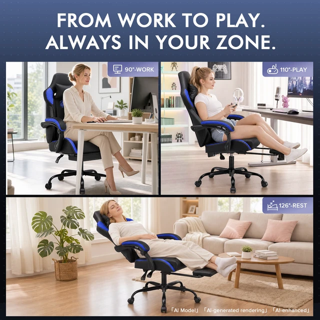 Alt view image 5 of 7 - Gaming Chair with Footrest, High Back Computer Chairs for Adults with Linkage Armrest Lumbar Support Heavy Duty 350lbs Ergonomic Swivel PC Game Chair for Office Blue