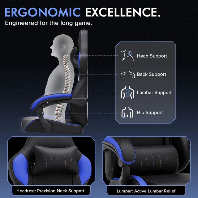 Alt view image 2 of 7 - Gaming Chair with Footrest, High Back Computer Chairs for Adults with Linkage Armrest Lumbar Support Heavy Duty 350lbs Ergonomic Swivel PC Game Chair for Office Blue