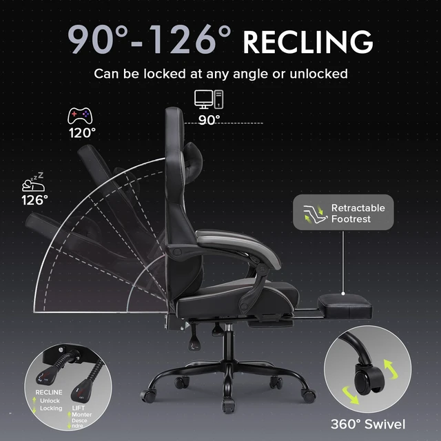 Alt view image 5 of 7 - Gaming Chair with Footrest, High Back Computer Chairs for Adults with Linkage Armrest Lumbar Support Heavy Duty 350lbs Ergonomic Swivel PC Game Chair for Office Grey