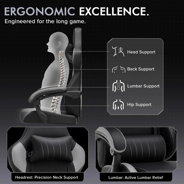 Alt view image 2 of 7 - Gaming Chair with Footrest, High Back Computer Chairs for Adults with Linkage Armrest Lumbar Support Heavy Duty 350lbs Ergonomic Swivel PC Game Chair for Office Grey