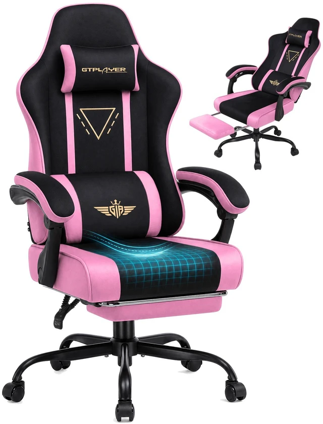 Main image of Video Gaming Chair Fabric, Ergonomic Computer Chair with Footrest and Pocket Spring Cushion, Height Adjustable Video Gamer Chair with Lumbar Support for Adults Pink