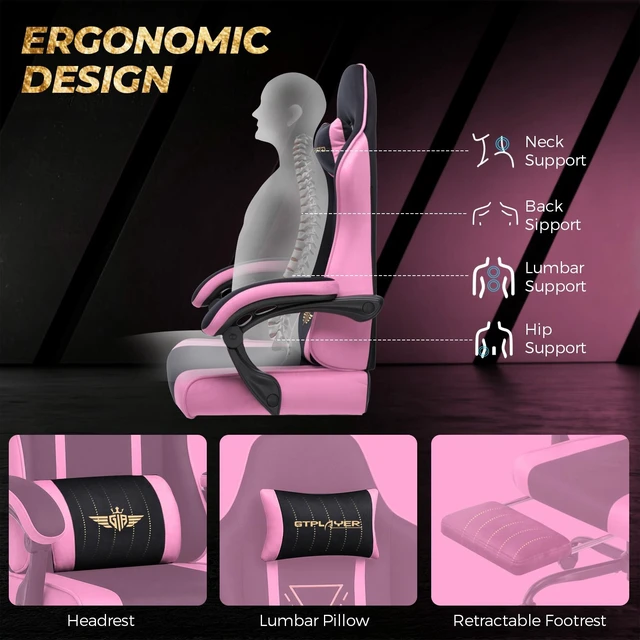 Alt view image 4 of 7 - Video Gaming Chair Fabric, Ergonomic Computer Chair with Footrest and Pocket Spring Cushion, Height Adjustable Video Gamer Chair with Lumbar Support for Adults Pink