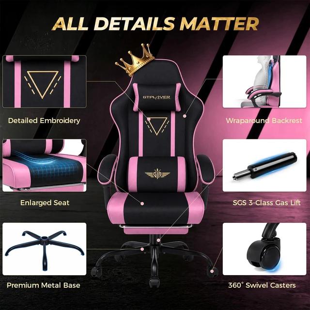 Alt view image 5 of 7 - Video Gaming Chair Fabric, Ergonomic Computer Chair with Footrest and Pocket Spring Cushion, Height Adjustable Video Gamer Chair with Lumbar Support for Adults Pink