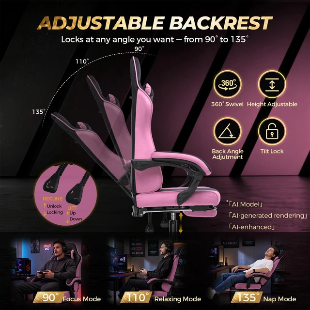 Alt view image 3 of 7 - Video Gaming Chair Fabric, Ergonomic Computer Chair with Footrest and Pocket Spring Cushion, Height Adjustable Video Gamer Chair with Lumbar Support for Adults Pink