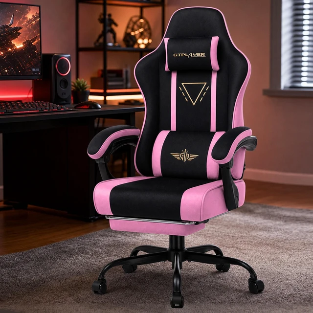 Alt view image 7 of 7 - Video Gaming Chair Fabric, Ergonomic Computer Chair with Footrest and Pocket Spring Cushion, Height Adjustable Video Gamer Chair with Lumbar Support for Adults Pink