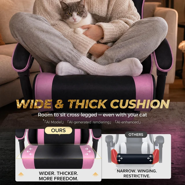 Alt view image 6 of 7 - Video Gaming Chair Fabric, Ergonomic Computer Chair with Footrest and Pocket Spring Cushion, Height Adjustable Video Gamer Chair with Lumbar Support for Adults Pink
