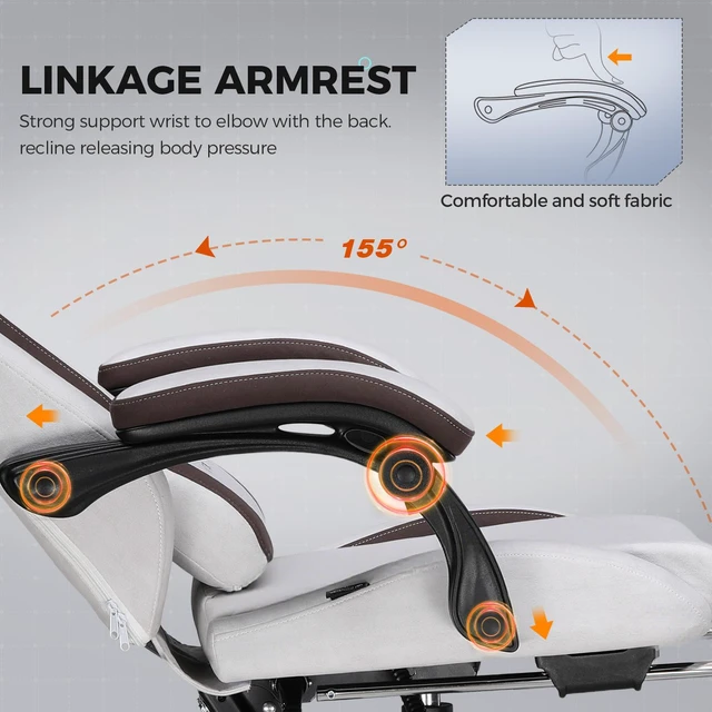 Alt view image 5 of 7 - Gaming Chair, Computer Office Chair Lumbar Support, Linkage Armrests and Footrest, Ergonomic Game Chair for Adults with Extended Backrest, Fabric Brown