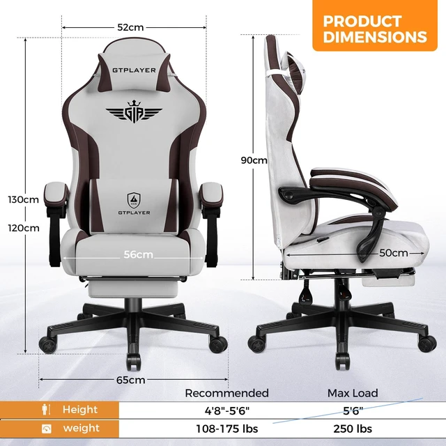 Alt view image 6 of 7 - Gaming Chair, Computer Office Chair Lumbar Support, Linkage Armrests and Footrest, Ergonomic Game Chair for Adults with Extended Backrest, Fabric Brown