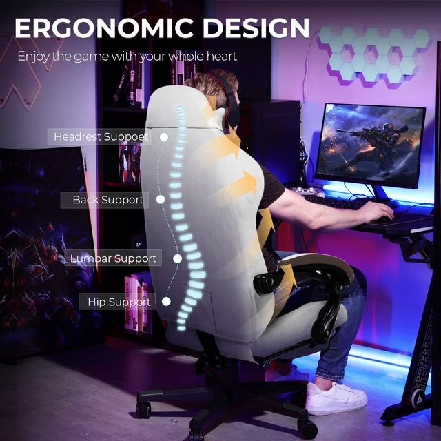 Alt view image 4 of 7 - Gaming Chair, Computer Office Chair Lumbar Support, Linkage Armrests and Footrest, Ergonomic Game Chair for Adults with Extended Backrest, Fabric Brown