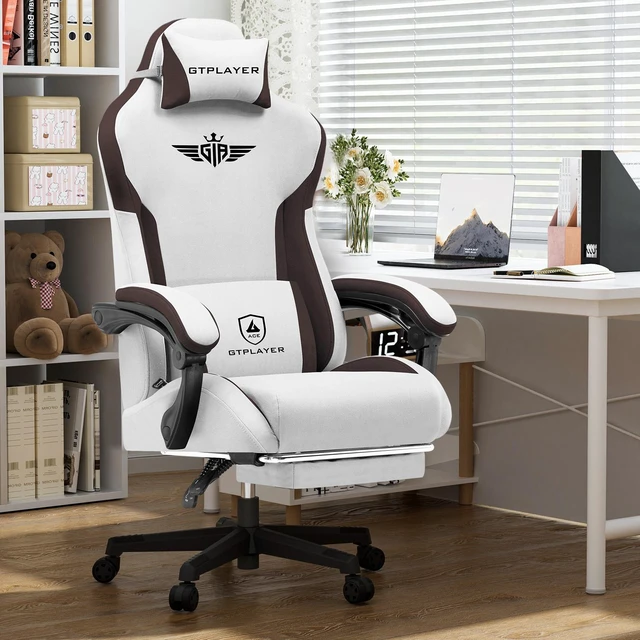 Main image of Gaming Chair, Computer Office Chair Lumbar Support, Linkage Armrests and Footrest, Ergonomic Game Chair for Adults with Extended Backrest, Fabric Brown