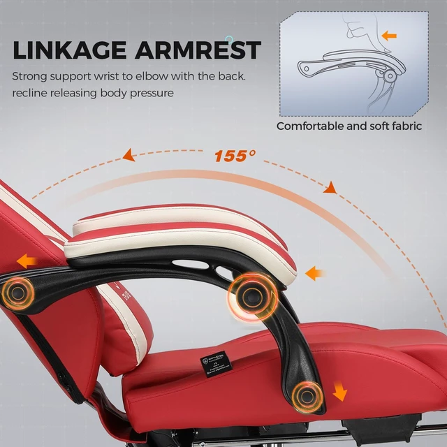 Alt view image 5 of 7 - Gaming Chair, Computer Office Chair Lumbar Support, Linkage Armrests and Footrest, Ergonomic Game Chair for Adults with Extended Backrest, Fabric Red