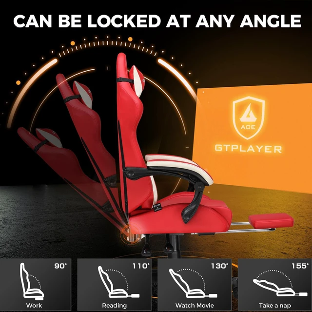 Alt view image 6 of 7 - Gaming Chair, Computer Office Chair Lumbar Support, Linkage Armrests and Footrest, Ergonomic Game Chair for Adults with Extended Backrest, Fabric Red