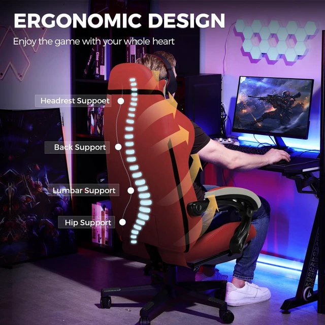 Alt view image 4 of 7 - Gaming Chair, Computer Office Chair Lumbar Support, Linkage Armrests and Footrest, Ergonomic Game Chair for Adults with Extended Backrest, Fabric Red