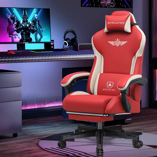 Main image of Gaming Chair, Computer Office Chair Lumbar Support, Linkage Armrests and Footrest, Ergonomic Game Chair for Adults with Extended Backrest, Fabric Red
