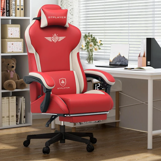 Alt view image 7 of 7 - Gaming Chair, Computer Office Chair Lumbar Support, Linkage Armrests and Footrest, Ergonomic Game Chair for Adults with Extended Backrest, Fabric Red