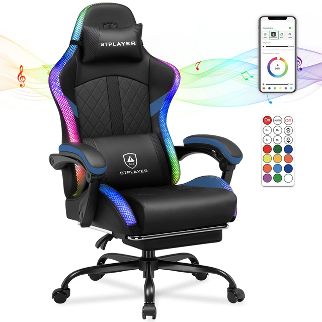 Main image of RGB Gaming Chair with Speakers, Computer Gamer Chair with Footrest and LED Lights, PC Gaming Chairs for Adults, High Back Reclining Office Chairs, Linkage Armrest Blue-with speaker