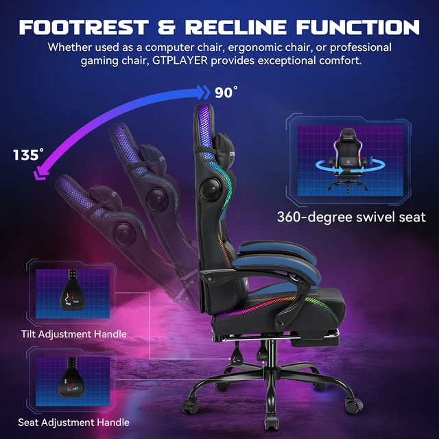 Alt view image 4 of 7 - RGB Gaming Chair with Speakers, Computer Gamer Chair with Footrest and LED Lights, PC Gaming Chairs for Adults, High Back Reclining Office Chairs, Linkage Armrest Blue-with speaker