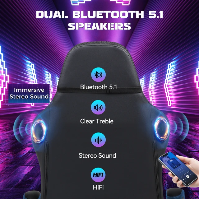 Alt view image 3 of 7 - RGB Gaming Chair with Speakers, Computer Gamer Chair with Footrest and LED Lights, PC Gaming Chairs for Adults, High Back Reclining Office Chairs, Linkage Armrest Blue-with speaker