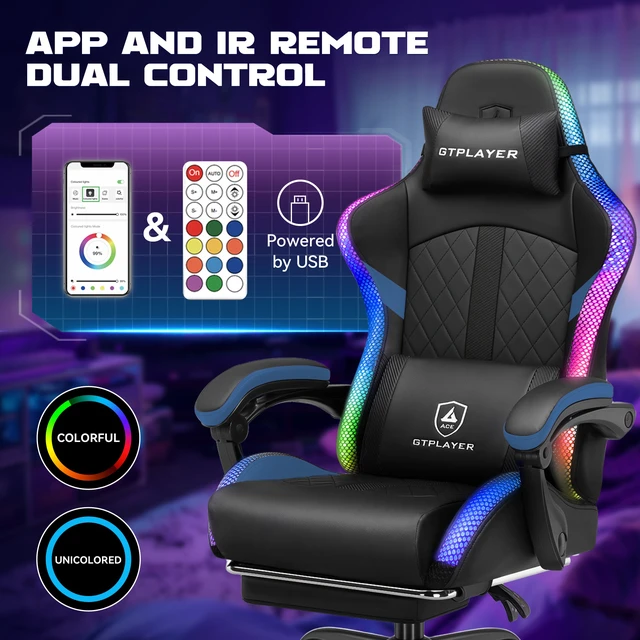 Alt view image 6 of 7 - RGB Gaming Chair with Speakers, Computer Gamer Chair with Footrest and LED Lights, PC Gaming Chairs for Adults, High Back Reclining Office Chairs, Linkage Armrest Blue-with speaker