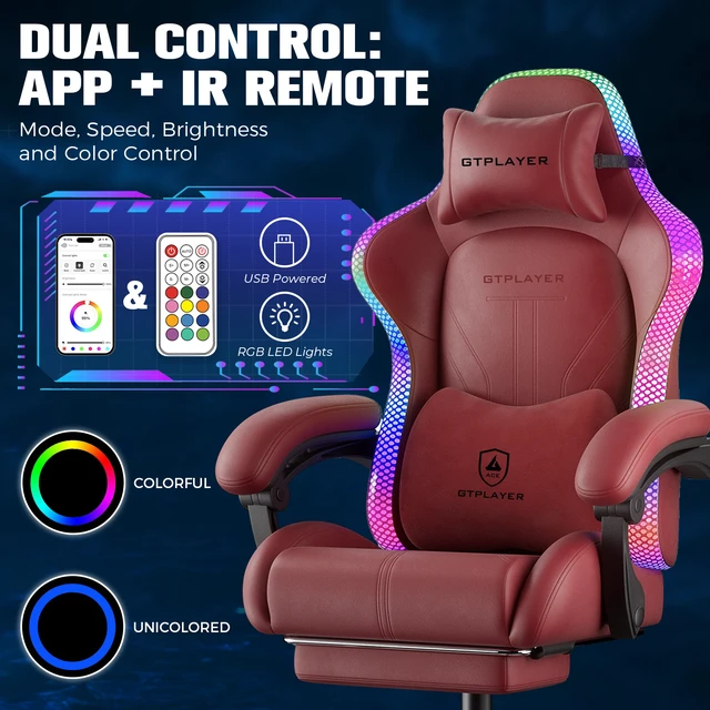 Alt view image 6 of 7 - RGB Gaming Chair with Speakers, Computer Gamer Chair with Footrest and LED Lights, PC Gaming Chairs for Adults, High Back Reclining Office Chairs, Linkage Armrest Red-without speaker