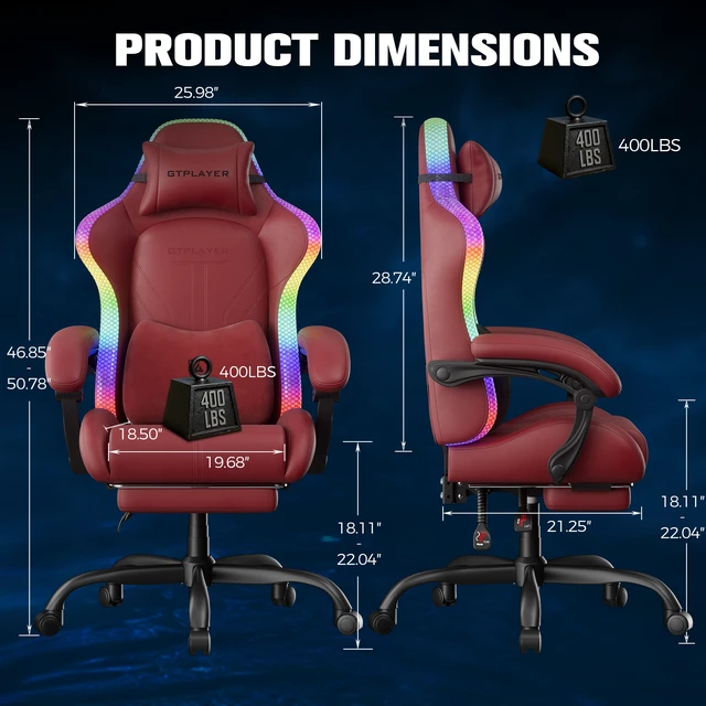 Alt view image 3 of 7 - RGB Gaming Chair with Speakers, Computer Gamer Chair with Footrest and LED Lights, PC Gaming Chairs for Adults, High Back Reclining Office Chairs, Linkage Armrest Red-without speaker