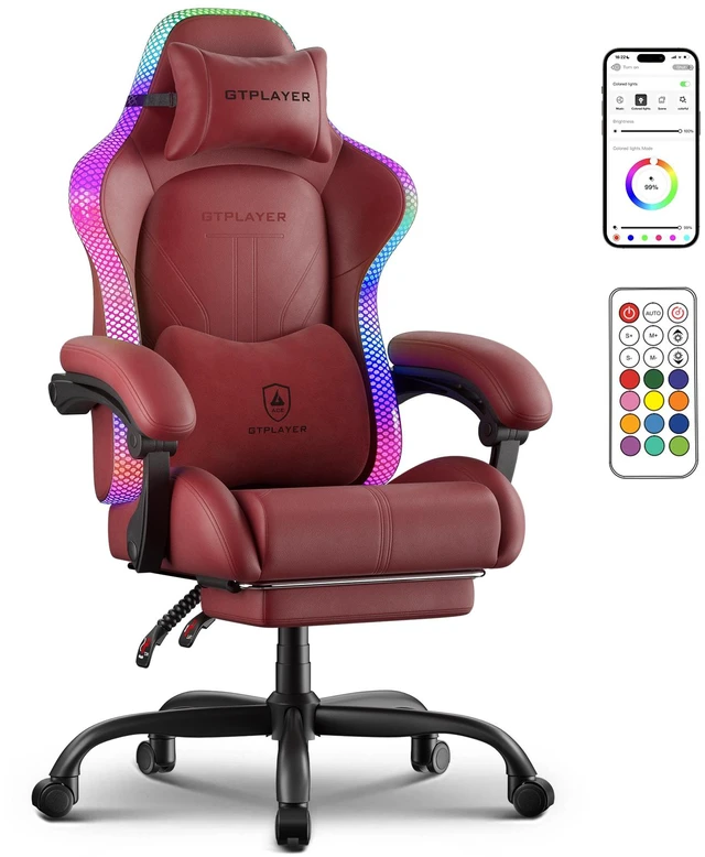 Main image of RGB Gaming Chair with Speakers, Computer Gamer Chair with Footrest and LED Lights, PC Gaming Chairs for Adults, High Back Reclining Office Chairs, Linkage Armrest Red-without speaker