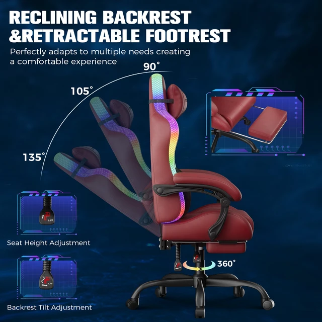 Alt view image 2 of 7 - RGB Gaming Chair with Speakers, Computer Gamer Chair with Footrest and LED Lights, PC Gaming Chairs for Adults, High Back Reclining Office Chairs, Linkage Armrest Red-without speaker
