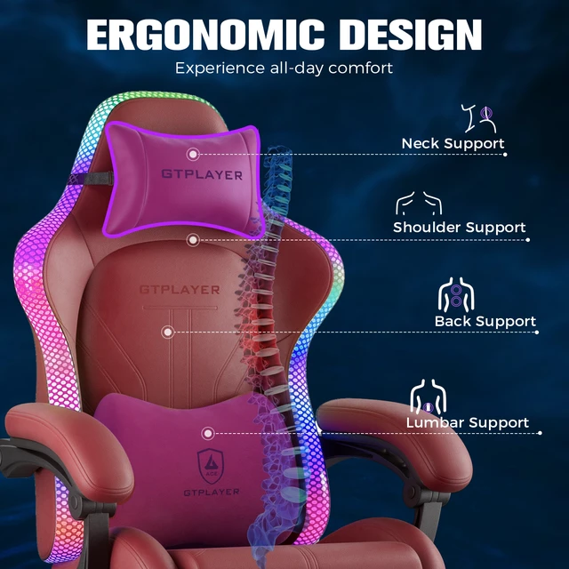 Alt view image 5 of 7 - RGB Gaming Chair with Speakers, Computer Gamer Chair with Footrest and LED Lights, PC Gaming Chairs for Adults, High Back Reclining Office Chairs, Linkage Armrest Red-without speaker