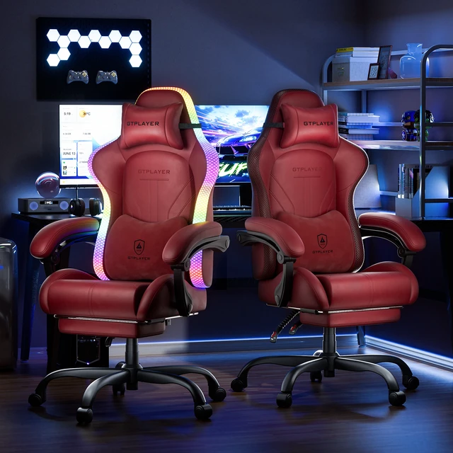 Alt view image 4 of 7 - RGB Gaming Chair with Speakers, Computer Gamer Chair with Footrest and LED Lights, PC Gaming Chairs for Adults, High Back Reclining Office Chairs, Linkage Armrest Red-without speaker