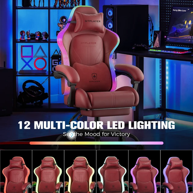 Alt view image 7 of 7 - RGB Gaming Chair with Speakers, Computer Gamer Chair with Footrest and LED Lights, PC Gaming Chairs for Adults, High Back Reclining Office Chairs, Linkage Armrest Red-without speaker
