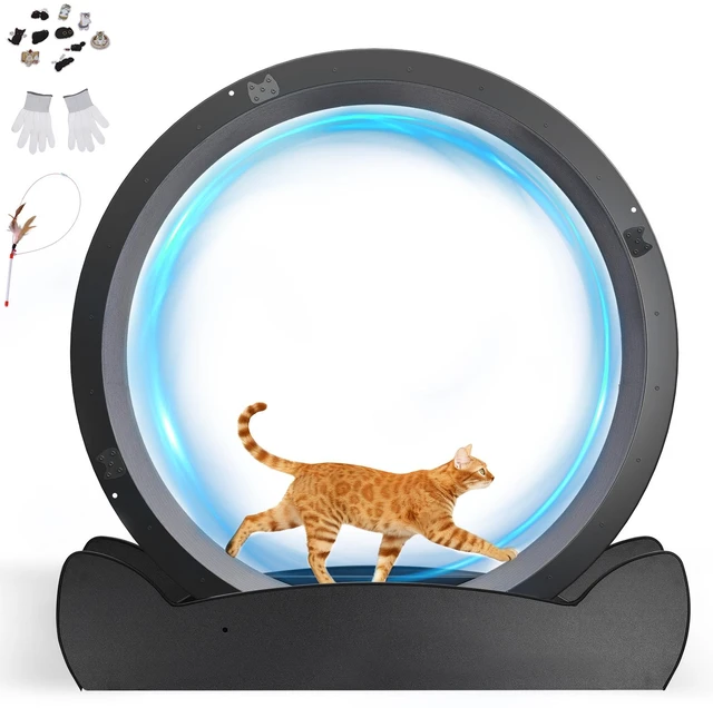 Main image of GTPLAYER Cat Wheels, 40" Diameter, Large Cat Exercise Wheel for Indoor Cats cat Treadmill Metal with Detachable Carpet & Teaser/Stickers, Ultra-Quiet Scroll Wheel with Latch, Stable Black Cat Ears