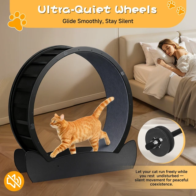Alt view image 6 of 7 - GTPLAYER Cat Wheels, 40" Diameter, Large Cat Exercise Wheel for Indoor Cats cat Treadmill Metal with Detachable Carpet & Teaser/Stickers, Ultra-Quiet Scroll Wheel with Latch, Stable Black Cat Ears