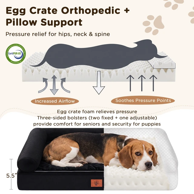 Alt view image 6 of 7 - GTPLAYER Dog Bed, Egg-Crate Foam Pressure Relief with Waterproof Washable Pet Bed with 2-in-1 Cooling/Warming Pad, Non-Slip Bottom, Detachable Pillows, Ideal for All Dogs 33.5" x 21.6" x 5.5" Black