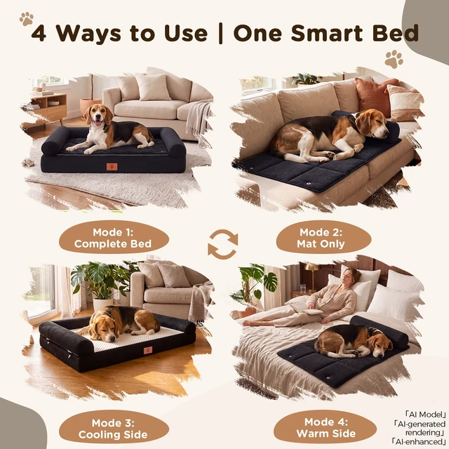 Alt view image 3 of 7 - GTPLAYER Dog Bed, Egg-Crate Foam Pressure Relief with Waterproof Washable Pet Bed with 2-in-1 Cooling/Warming Pad, Non-Slip Bottom, Detachable Pillows, Ideal for All Dogs 33.5" x 21.6" x 5.5" Black