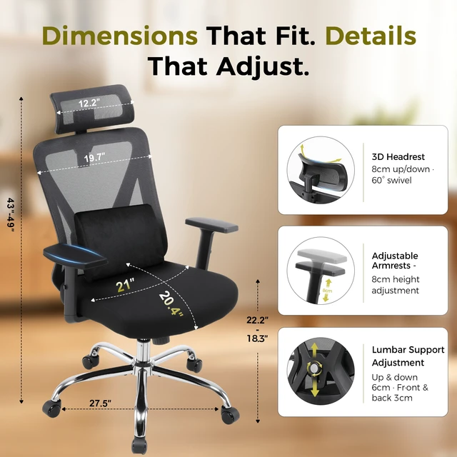 Alt view image 7 of 7 - GTPLAYER Office Ergonomic Desk Chair 3D Headrest with High Back Mesh,
300LBS Swivel Gaming Chair Featuring Adjustable Lumbar Support & Armrests, Comfortable Computer Chairs
