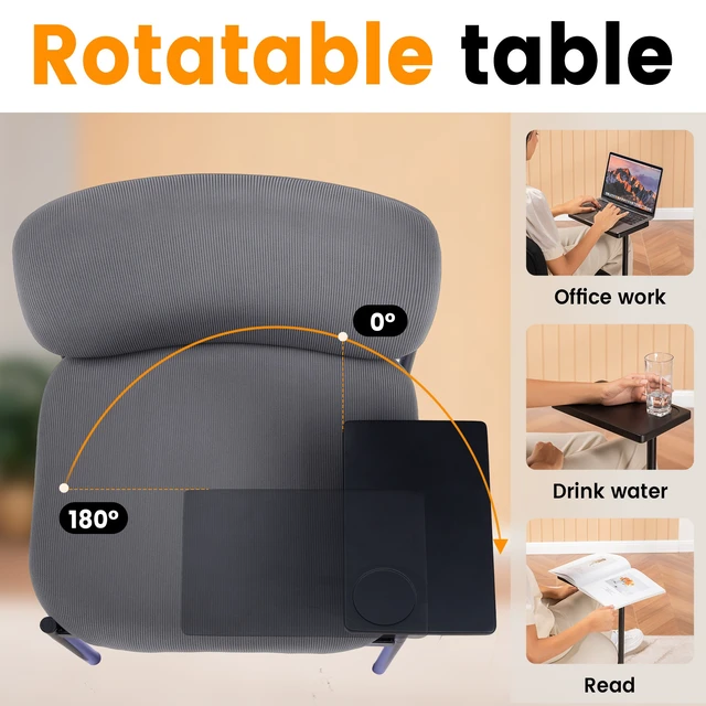 Alt view image 4 of 7 - GTPLAYER Accent Leisure Chair, Lounge Relaxing Chair with 270° Rotating Small Table, Modern Upholstered Chairs with Metal Legs for Living Room/Bedroom/Garden Grey