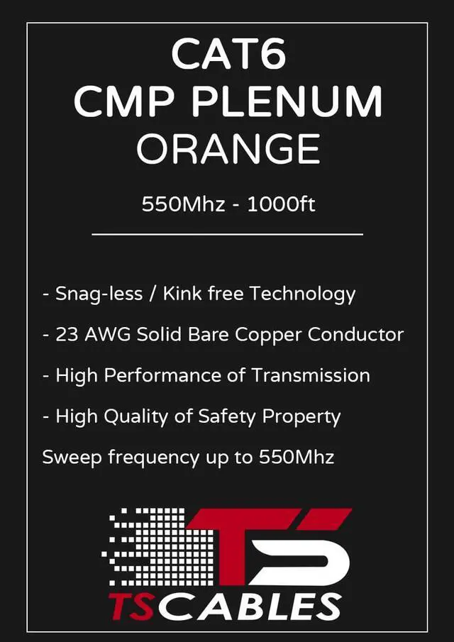 Alt view image 5 of 5 - CAT6 Plenum (CMP) Cable, 100% Solid Bare Copper, 1000FT | 23AWG 4Pair, Solid 550MHz Network Cable Unshielded Twisted Pair (UTP) Orange