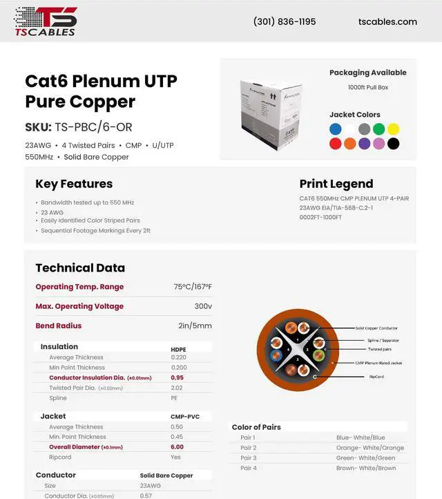 Alt view image 3 of 5 - CAT6 Plenum (CMP) Cable, 100% Solid Bare Copper, 1000FT | 23AWG 4Pair, Solid 550MHz Network Cable Unshielded Twisted Pair (UTP) Orange