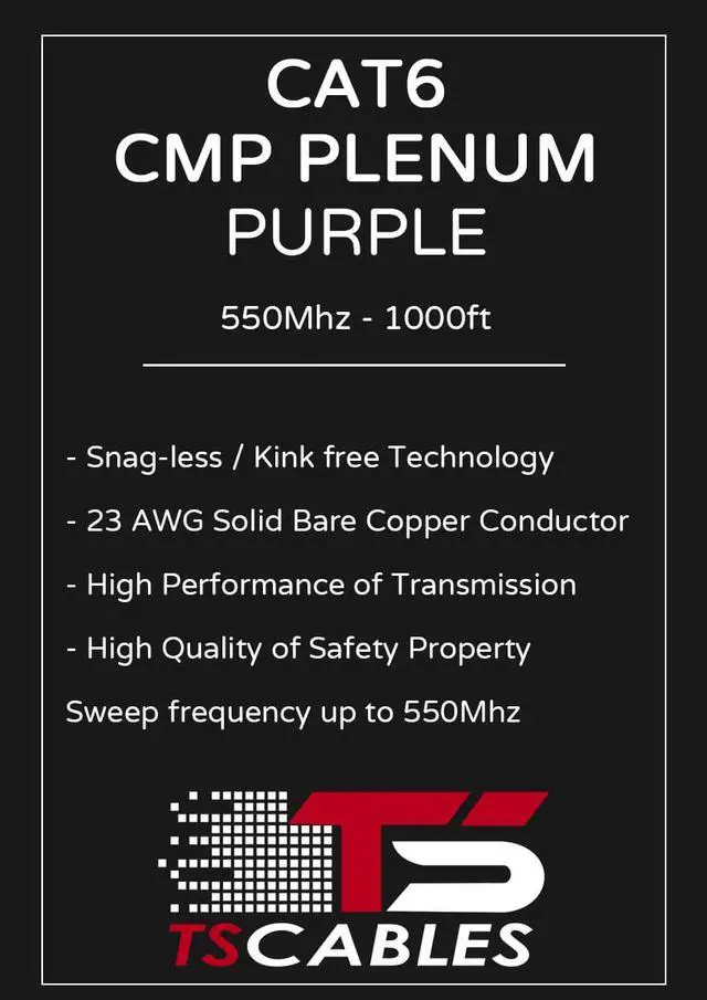 Alt view image 5 of 5 - CAT6 Plenum (CMP) Cable, 100% Solid Bare Copper, 1000FT | 23AWG 4Pair, Solid 550MHz Network Cable Unshielded Twisted Pair (UTP) Purple