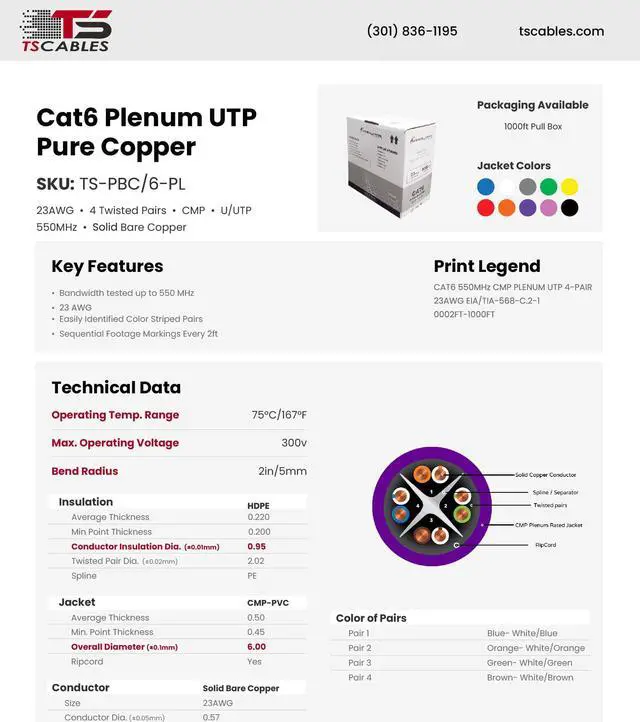 Alt view image 3 of 5 - CAT6 Plenum (CMP) Cable, 100% Solid Bare Copper, 1000FT | 23AWG 4Pair, Solid 550MHz Network Cable Unshielded Twisted Pair (UTP) Purple